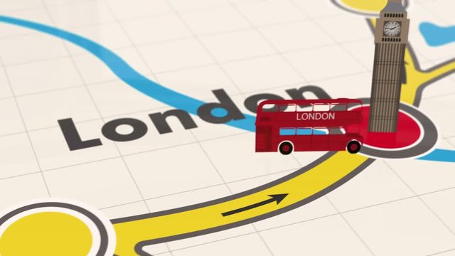 The road map destination point - Big Ben with Red bus, London. 4K video animation.