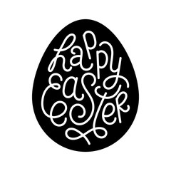 Happy Easter hand drawn phrase. Holiday greeting in egg shape. White lettering on black background.