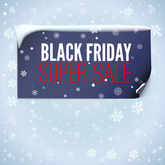 Winter sale background with black curved paper banner ribbon and snow. Sale. Winter, Christmas, New year sale.