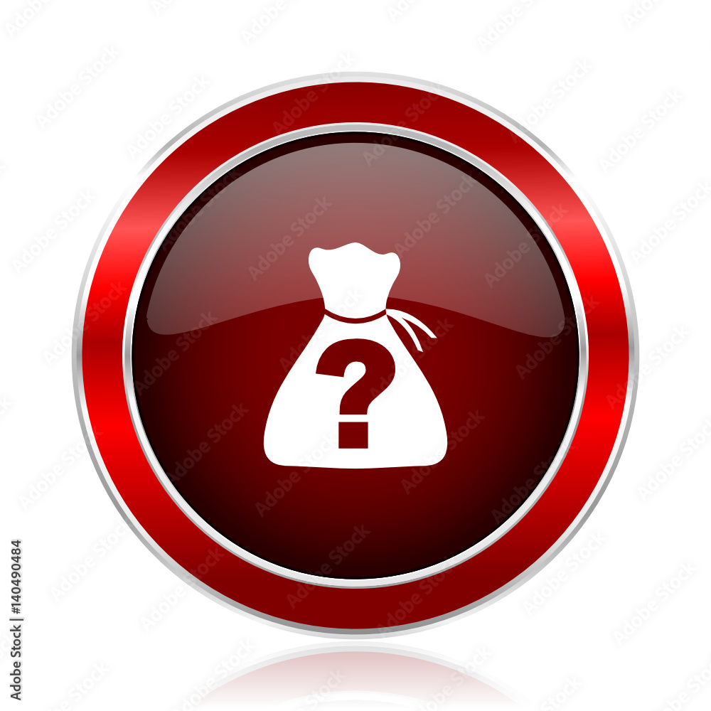 Poster Riddle red round glossy metallic web and smartphone vector icon isolated on white background.   
