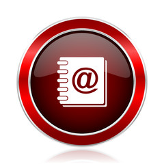 Address book red round glossy metallic web and smartphone vector icon isolated on white background.   
