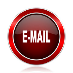 Email red round glossy metallic web and smartphone vector icon isolated on white background.   

