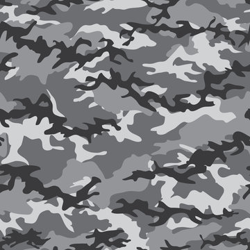 Camouflage seamless pattern background with gray spots. Military camouflage pattern. Fashionable camouflage textile. Military print. Seamless vector wallpaper. Clothing style masking. Repeat print. 