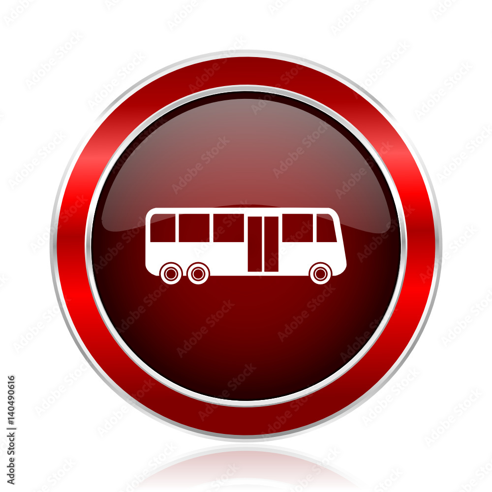 Poster bus red round glossy metallic web and smartphone vector icon isolated on white background.