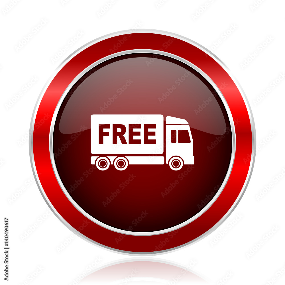 Aufkleber free delivery red round glossy metallic web and smartphone vector icon isolated on white background.