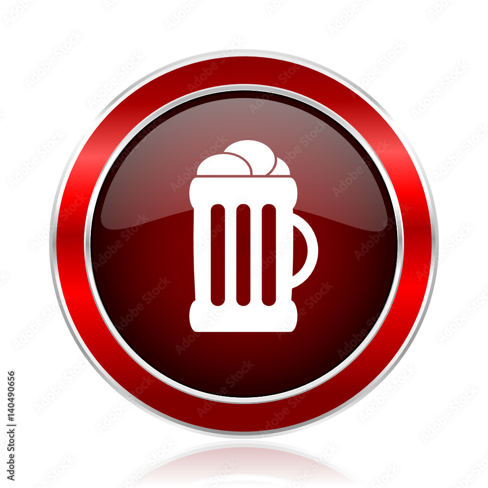 Poster beer red round glossy metallic web and smartphone vector icon isolated on white background.