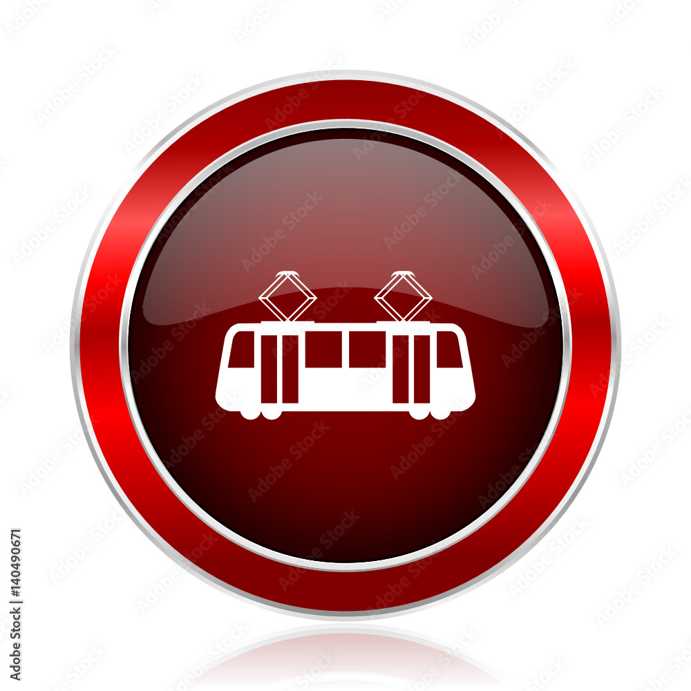 Poster tram red round glossy metallic web and smartphone vector icon isolated on white background.