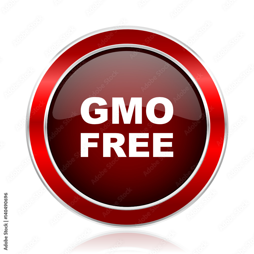 Poster Gmo free red round glossy metallic web and smartphone vector icon isolated on white background.    
