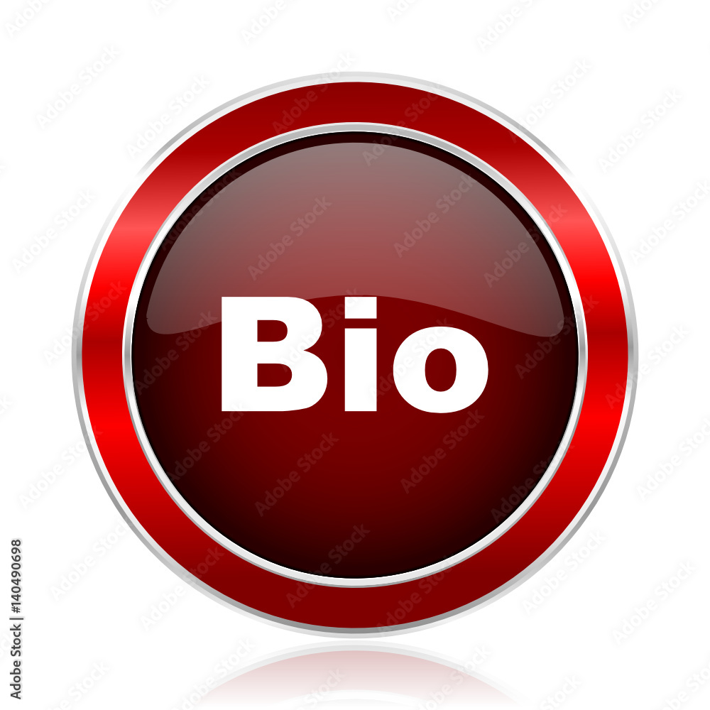 Poster Bio red round glossy metallic web and smartphone vector icon isolated on white background.    
