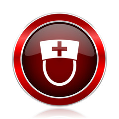 Nurse red round glossy metallic web and smartphone vector icon isolated on white background.   

