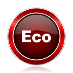 Eco red round glossy metallic web and smartphone vector icon isolated on white background.   

