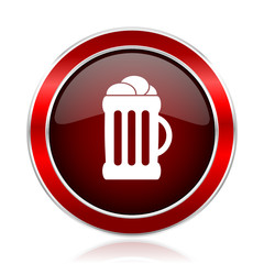 Beer red round glossy metallic web and smartphone vector icon isolated on white background.    
