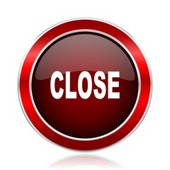 Close red round glossy metallic web and smartphone vector icon isolated on white background.    
