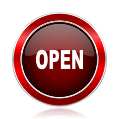 Open red round glossy metallic web and smartphone vector icon isolated on white background.    
