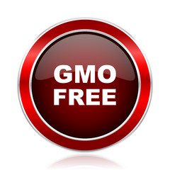 Gmo free red round glossy metallic web and smartphone vector icon isolated on white background.    
