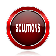 Solutions red round glossy metallic web and smartphone vector icon isolated on white background.    

