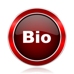 Bio red round glossy metallic web and smartphone vector icon isolated on white background.    
