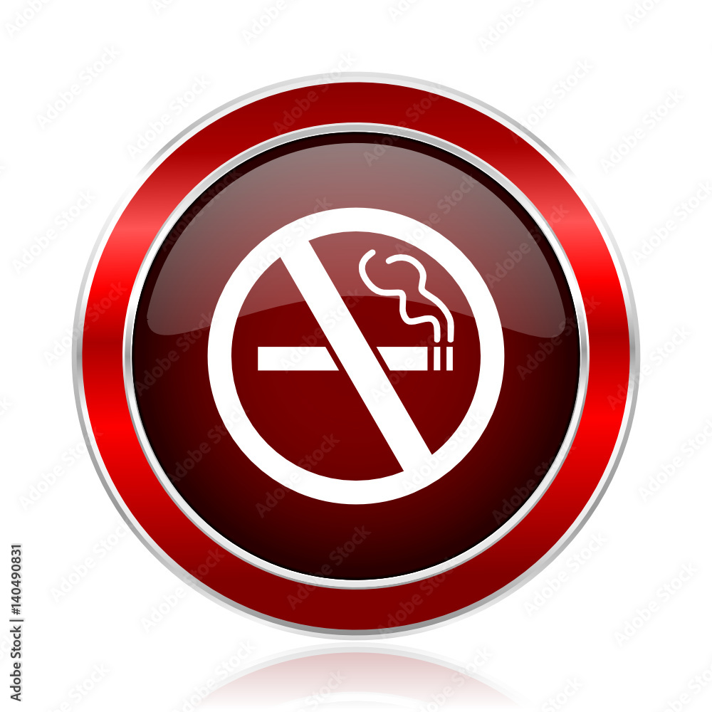 Aufkleber no smoking red round glossy metallic web and smartphone vector icon isolated on white background.