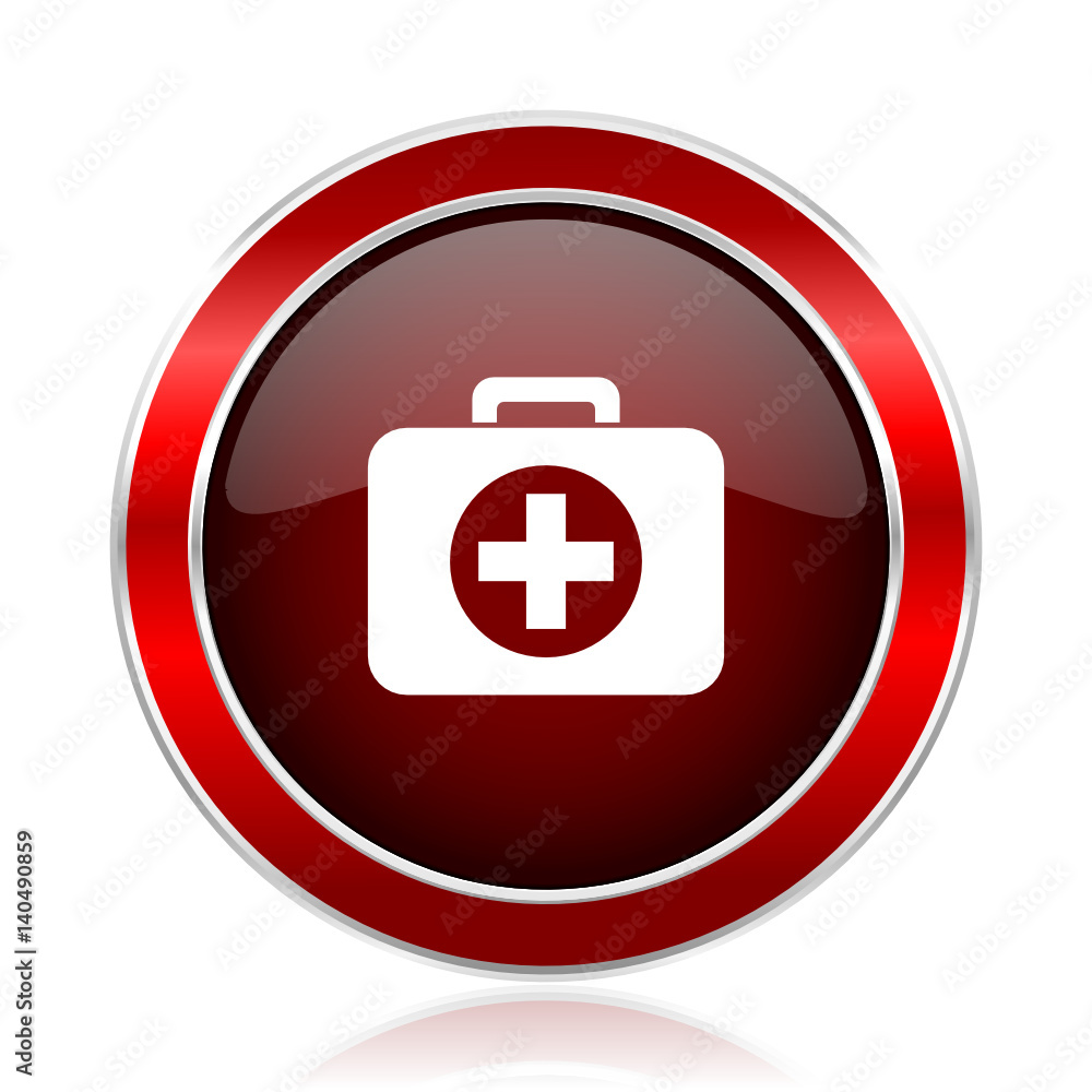 Poster first aid red round glossy metallic web and smartphone vector icon isolated on white background.