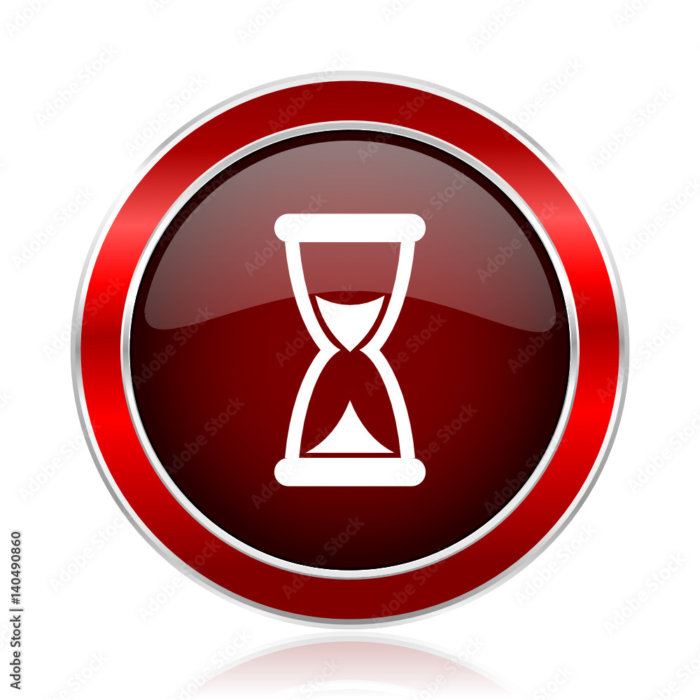 Poster Time red round glossy metallic web and smartphone vector icon isolated on white background.    
