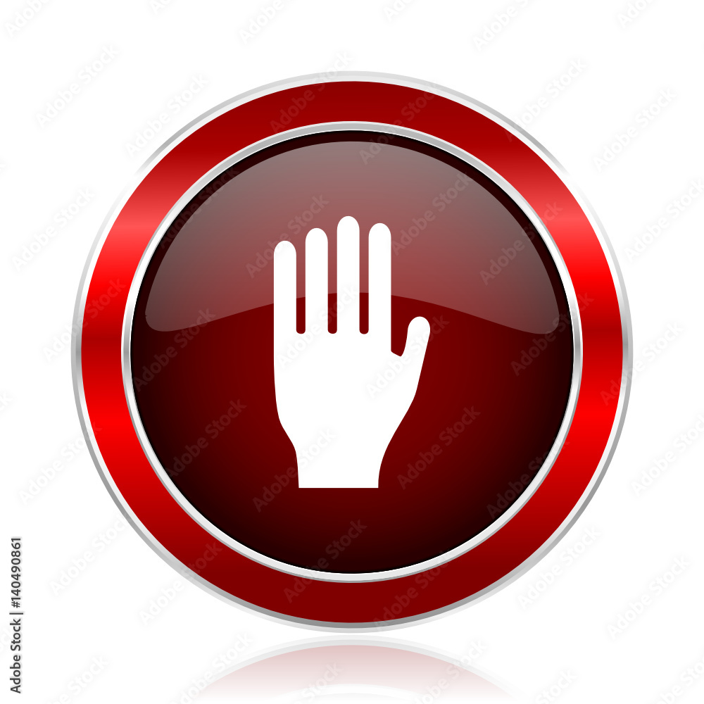 Poster hand red round glossy metallic web and smartphone vector icon isolated on white background.