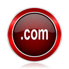 Com red round glossy metallic web and smartphone vector icon isolated on white background.    
