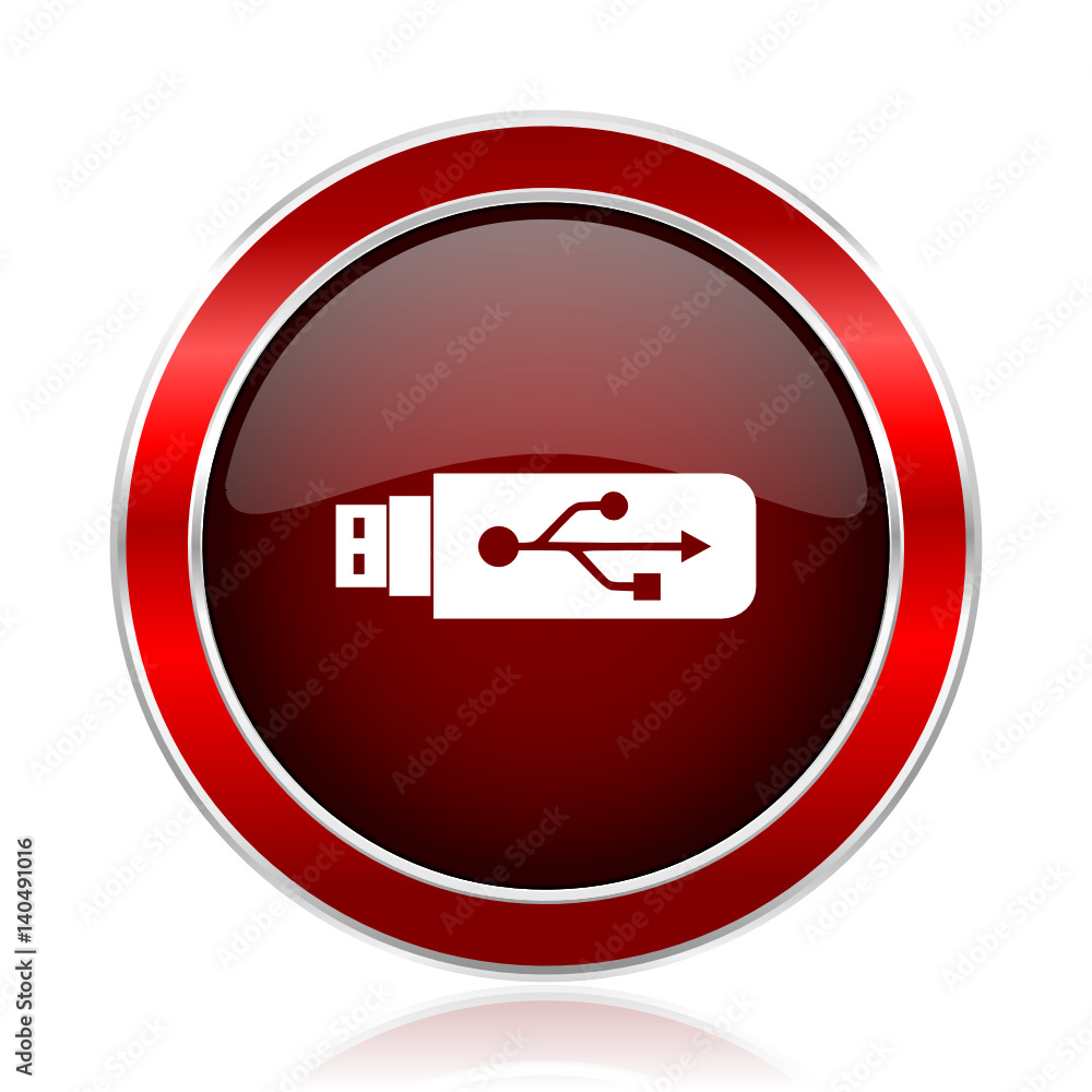 Poster usb red round glossy metallic web and smartphone vector icon isolated on white background.