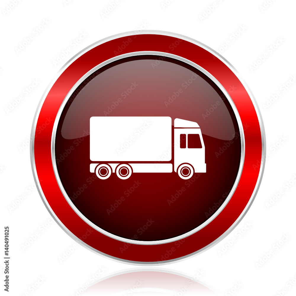 Poster delivery red round glossy metallic web and smartphone vector icon isolated on white background.