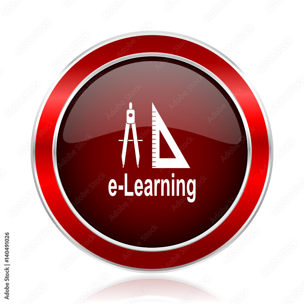 Poster  Learning red round glossy metallic web and smartphone vector icon isolated on white background.             
