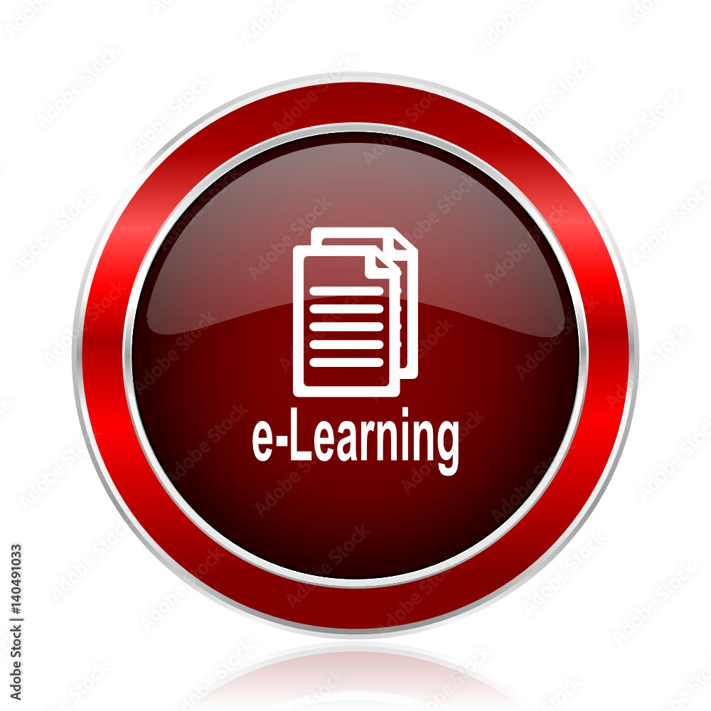 Poster Learning red round glossy metallic web and smartphone vector icon isolated on white background.             
