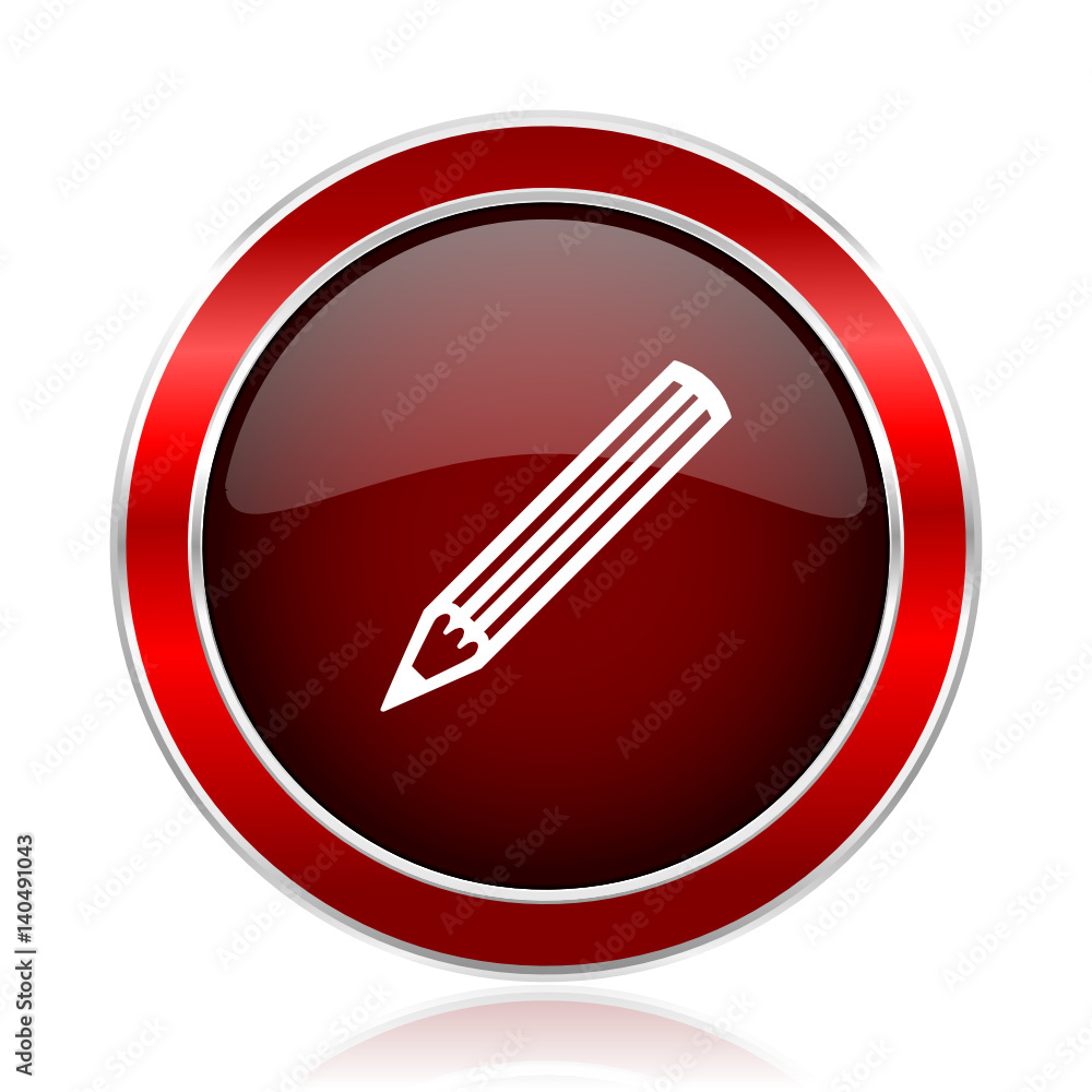 Poster pencil red round glossy metallic web and smartphone vector icon isolated on white background.