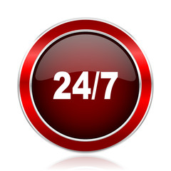 24/7 red round glossy metallic web and smartphone vector icon isolated on white background.             
