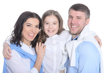 Happy  family with a daughter on a white background