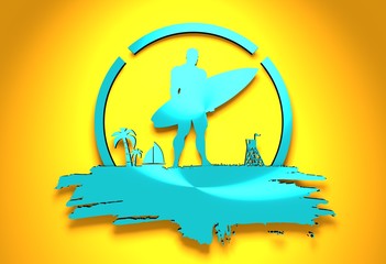 Muscular man posing with surfboard on grunge brush stroke. Metallic material silhouette. Vintage Surfing Graphic and Emblem. Palm and lifeguard tower on backdrop. 3D rendering