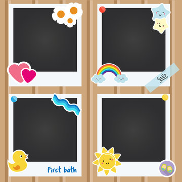 Vector realistic photo frames for children, newborn, baby albums. Template for applications, scrapbook and design decorated with cute stickers