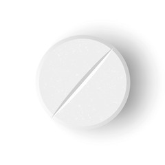 White 3D Medical Pill Or Drug Vector Illustration. Realistic Tablet With Soft Shadow In Front Isolated On White Background