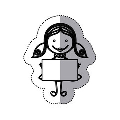 sticker sketch silhouette caricature girl with hair pigtails and banner vector illustration