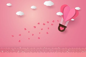 Valentines day , Illustration of love , Hot air balloons in a heart shape flying over grass, paper art style