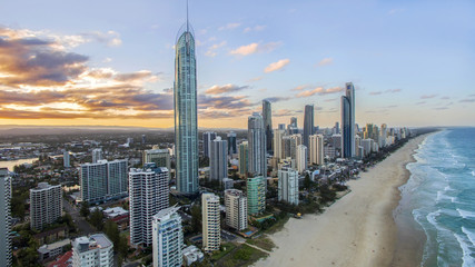 Aerial view of sunset over Surfers Paradise and beach. Gold Coast Australia