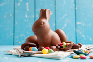 Delicious chocolate Easter bunny, eggs and sweets