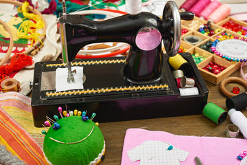 sewing accessories top view, seamstress workplace, many object for needlework, embroidery and handicraft