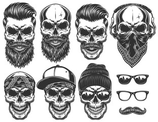 Set of different skull charactres with different modern street style city attributes. Monochrome style. Isolated on white background