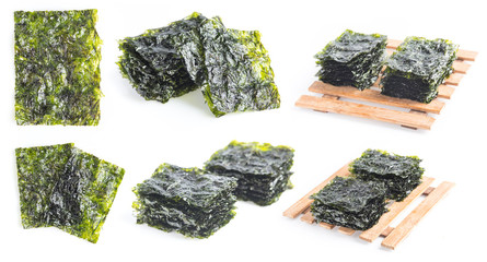 Japanese food nori dry seaweed sheets on white background