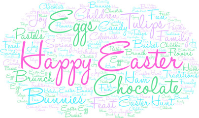 Happy Easter Word Cloud on a white background. 
