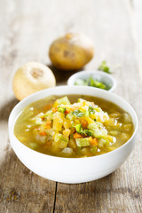 Homemade soup with turnip and other vegetables