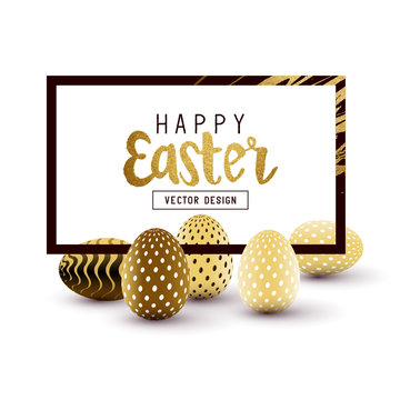 Easter Frame Design With Gold Lettering And Gold Easter Egg Patterns. Vector Illustration