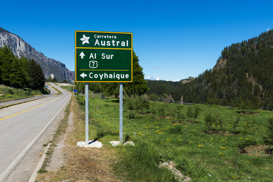 Road Sign in the Carretera Autral near the town of Coyhaique in Chile, South America