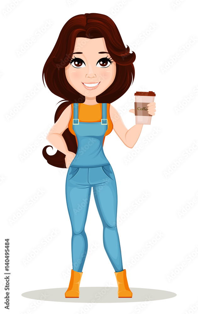 Canvas Prints Farmer girl dressed in work jumpsuit. Cute cartoon character holding hot tasty coffee. Can be used for animation, as design element and in any farm related project. Dismantled over the layers. Vector