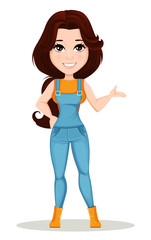 Farmer girl dressed in work jumpsuit. Cute cartoon character showing showcase sign. Can be used for animation, as design element and in any farm related project. Dismantled over the layers. Vector