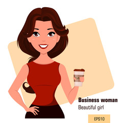 Young cartoon businesswoman dressed in office clothes standing with coffee while coffee-break. Beautiful brunette girl. Fashionable modern lady. Vector illustration. EPS10